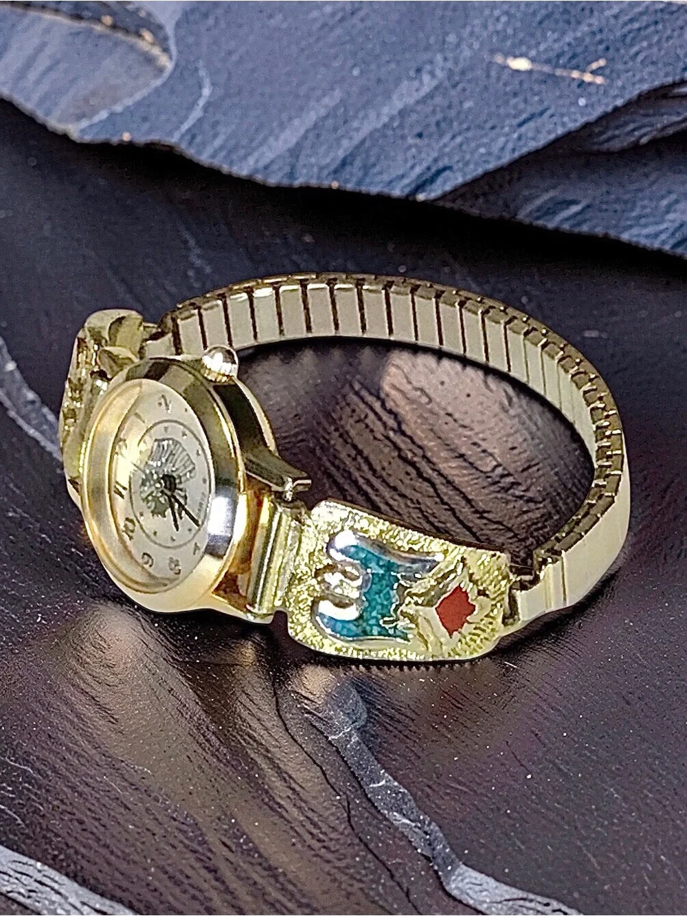 Golden VTG Navajo Turquoise/Coral Thunderbird Tips Golden Indian Chief Watch